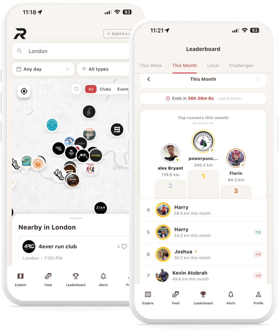 RunScene on two iPhones: a map of run clubs across London, and this month's club leaderboard